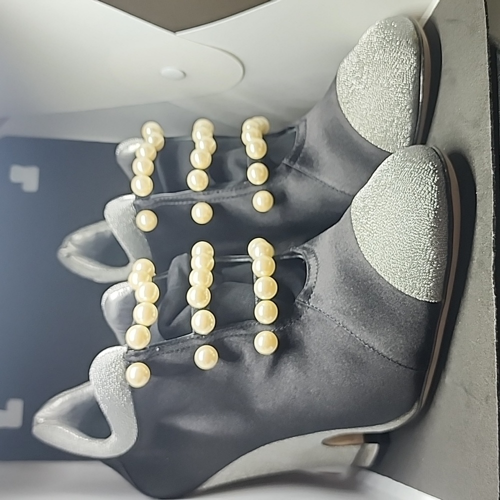 CHANEL Black Satin & Mesh Pearl Booties